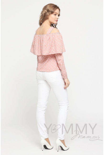 Блуза для беременных и кормящих с воланом, розовая в горох