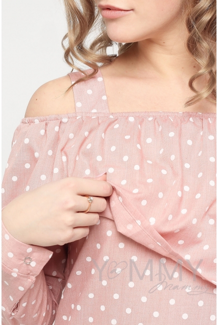 Блуза для беременных и кормящих с воланом, розовая в горох