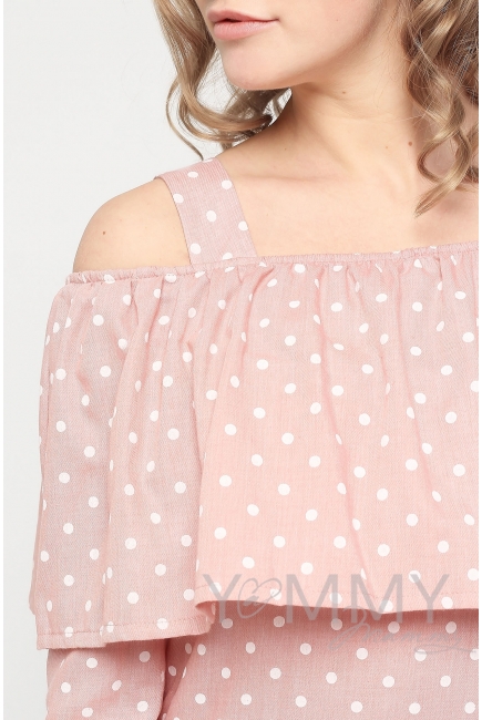 Блуза для беременных и кормящих с воланом, розовая в горох