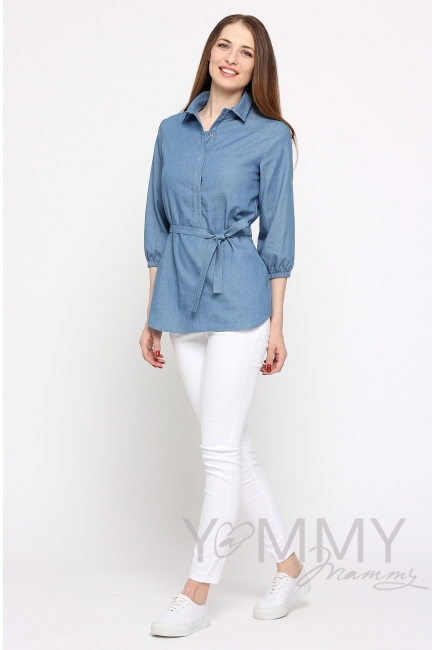 Рубашка для кормящих и беременных джинсовая, голубая в горошек