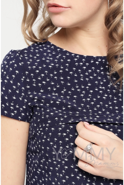 Платье для кормящих и беременных с воланом, темно-синее с принтом "пальмы"