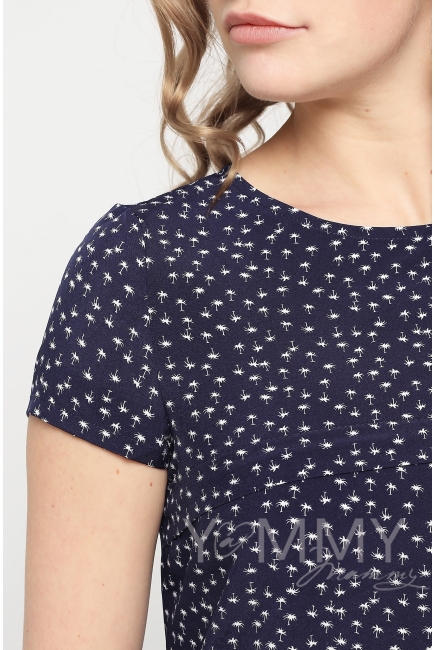 Платье для кормящих и беременных с воланом, темно-синее с принтом "пальмы"