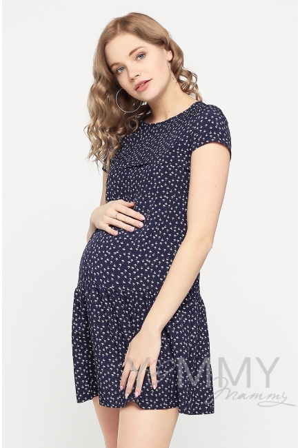 Платье для кормящих и беременных с воланом, темно-синее с принтом "пальмы"