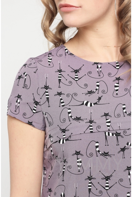 Платье для беременных и кормящих с воланом, темно-сиреневое с принтом "коты"