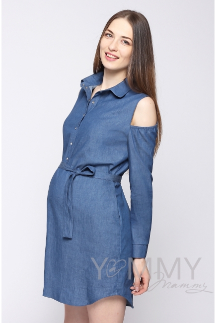 Платье-рубашка для беременных и кормящих, джинсовое с открытыми плечами