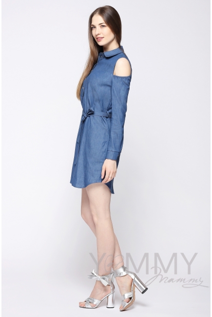 Платье-рубашка для беременных и кормящих, джинсовое с открытыми плечами