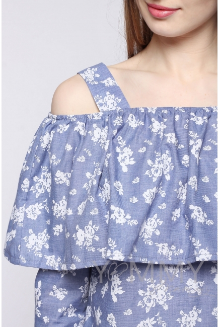 Блуза для беременных и кормящих с воланом, голубая с цветочным принтом