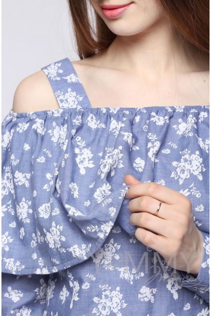 Блуза для беременных и кормящих с воланом, голубая с цветочным принтом