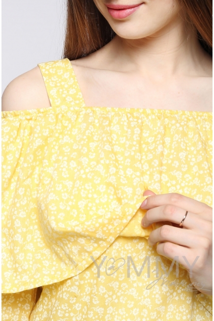 Блуза для беременных и кормящих с воланом, желтая с цветочным принтом