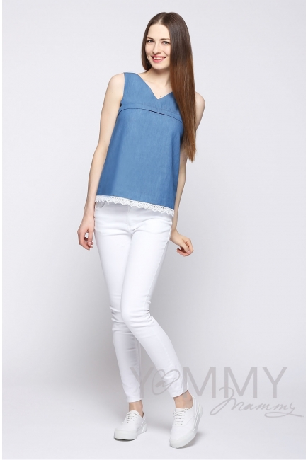 Блуза из денима для кормящих и беременных, с белым кружевом