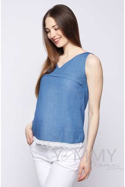 Блуза из денима для кормящих и беременных, с белым кружевом