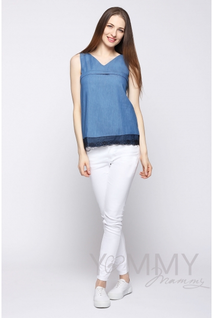 Блуза для кормящих и беременных из денима, с черным кружевом