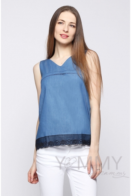 Блуза для кормящих и беременных из денима, с черным кружевом