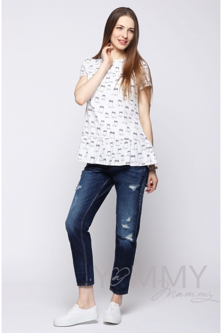 Блуза с воланом для кормящих и беременных, белая с принтом "коты"