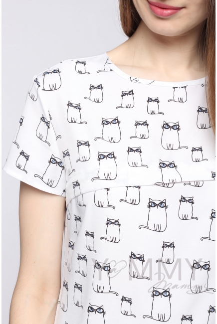 Блуза с воланом для кормящих и беременных, белая с принтом "коты"
