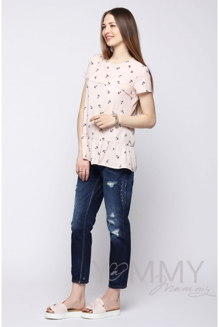 Блуза для беременных и кормящих с воланом, персиковая с принтом "якоря"