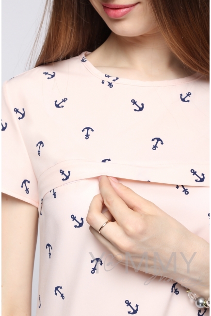 Блуза для беременных и кормящих с воланом, персиковая с принтом "якоря"