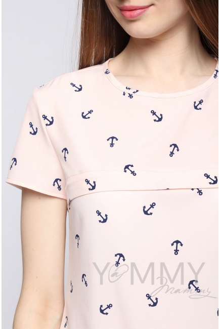 Блуза для беременных и кормящих с воланом, персиковая с принтом "якоря"