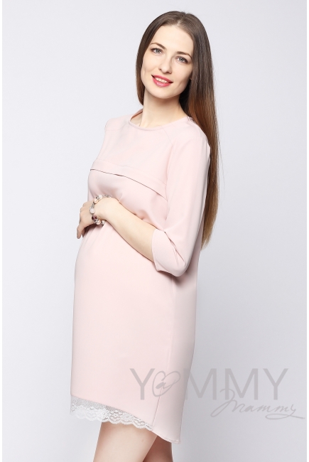 Платье для кормящих и беременных с кружевом, жемчужно-розовое