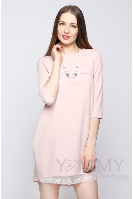 Платье для кормящих и беременных с кружевом, жемчужно-розовое