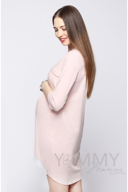 Платье для кормящих и беременных с кружевом, жемчужно-розовое