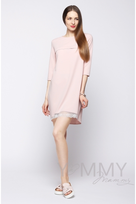 Платье для кормящих и беременных с кружевом, жемчужно-розовое