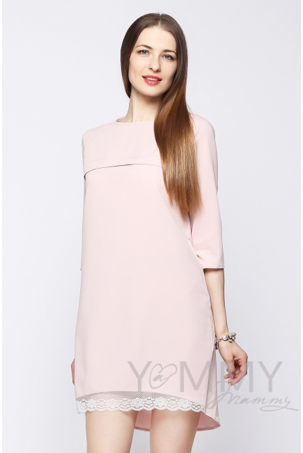 Платье для кормящих и беременных с кружевом, жемчужно-розовое