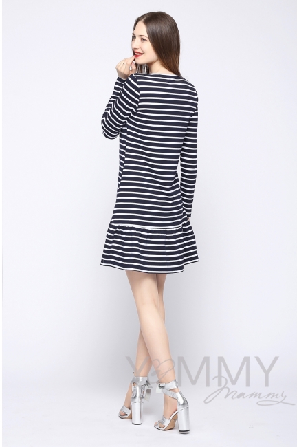 Платье для кормящих и беременных с воланом, синее в полоску
