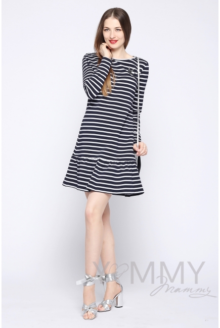 Платье для кормящих и беременных с воланом, синее в полоску