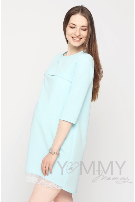 Платье для беременных и кормящих с кружевом, небесно-голубое