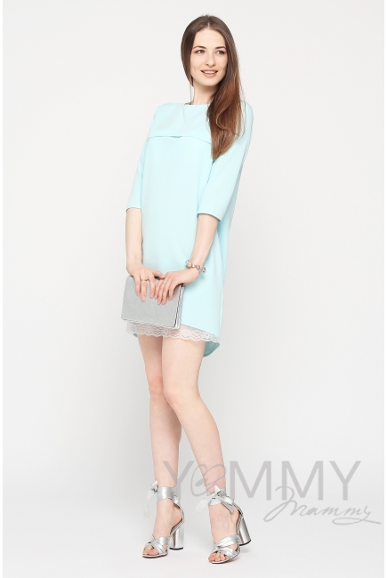 Платье для беременных и кормящих с кружевом, небесно-голубое