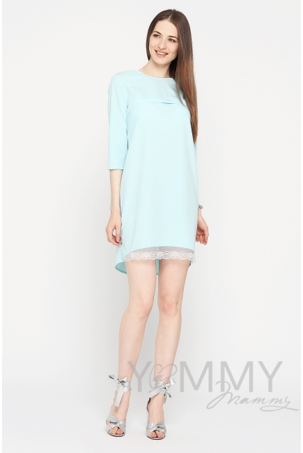 Платье для беременных и кормящих с кружевом, небесно-голубое