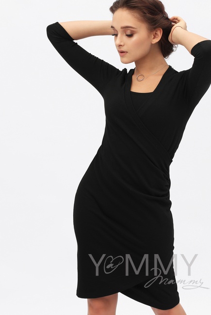 Платье для беременных и кормящих со складками, черное