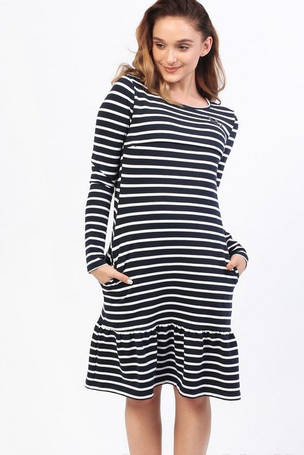 Платье для кормящих и беременных с воланом, синее в полоску