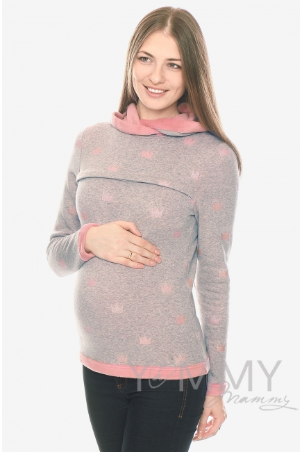 Толстовка для кормящих и беременных с капюшоном на меху, серый меланж с розовыми коронами