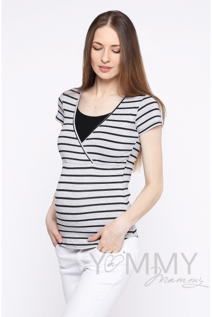 Футболка для кормящих и беременных, серый меланж в черную полоску