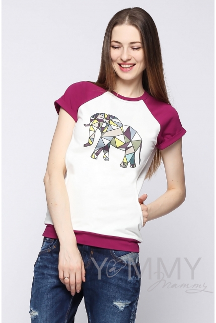 Футболка для кормящих и беременных, экрю/сливовая с принтом