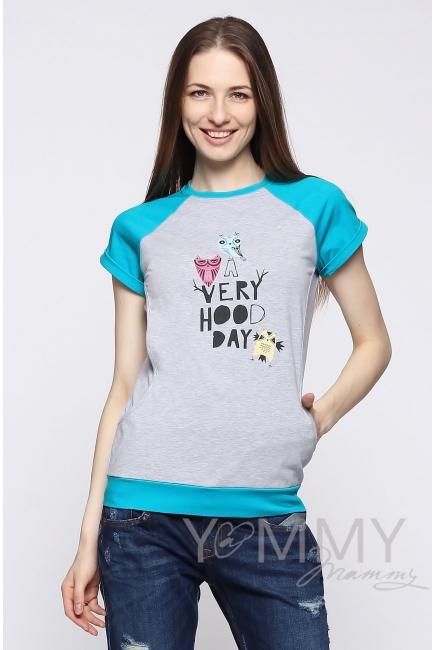 Футболка для беременных и кормящих, серый меланж/бирюза с принтом