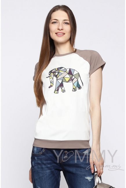 Футболка для беременных и кормящих, экрю/темно-бежевая с принтом