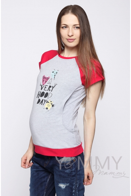 Футболка для кормящих и беременных, серый меланж/фуксия с принтом