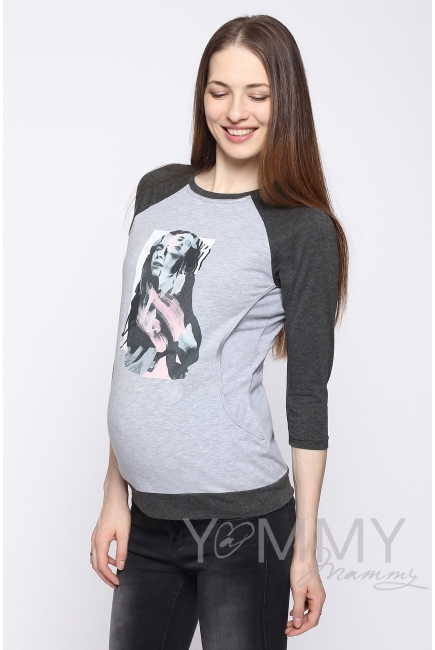 Футболка для кормящих и беременных, серый меланж/темно-серый меланж с принтом