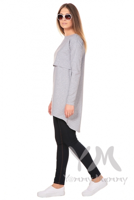Платье-туника для беременных и кормящих с длинным рукавом, серый меланж
