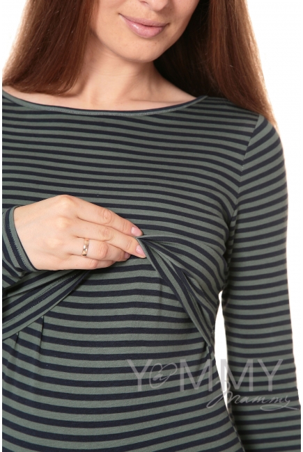 Лонгслив для беременных и кормящих, зеленый в синюю полоску