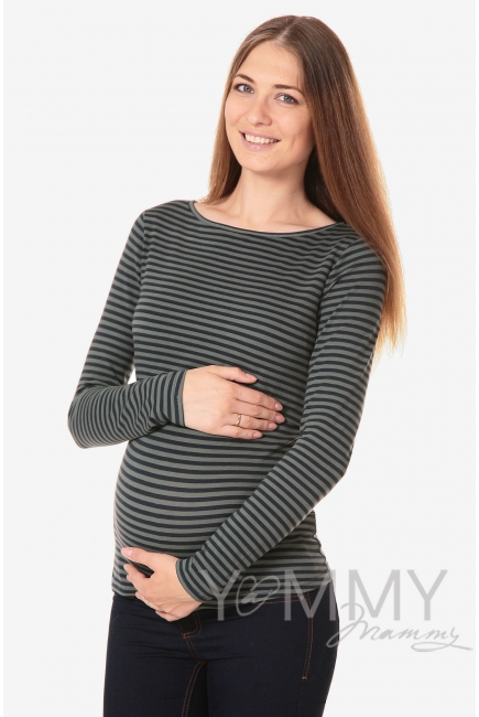 Лонгслив для беременных и кормящих, зеленый в синюю полоску