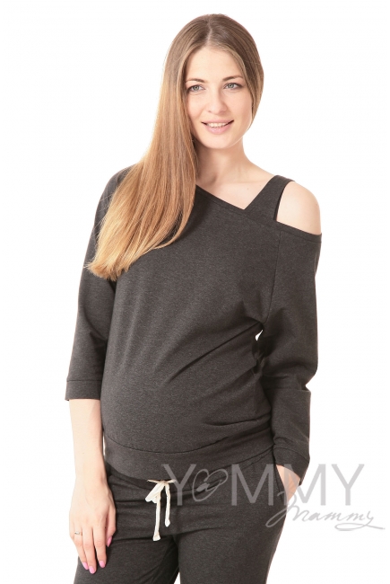 Джемпер для кормящих и беременных со спущенным плечом, темно-серый меланж