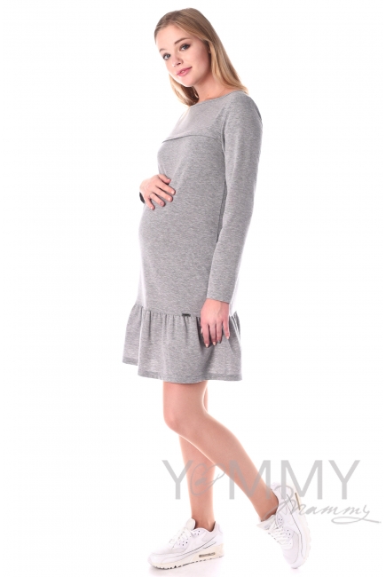 Платье для беременных и кормящих с воланом, серый меланж