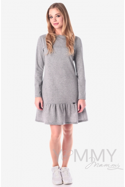 Платье для беременных и кормящих с воланом, серый меланж