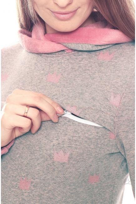 Толстовка для кормящих и беременных с капюшоном на меху, серый меланж с розовыми коронами