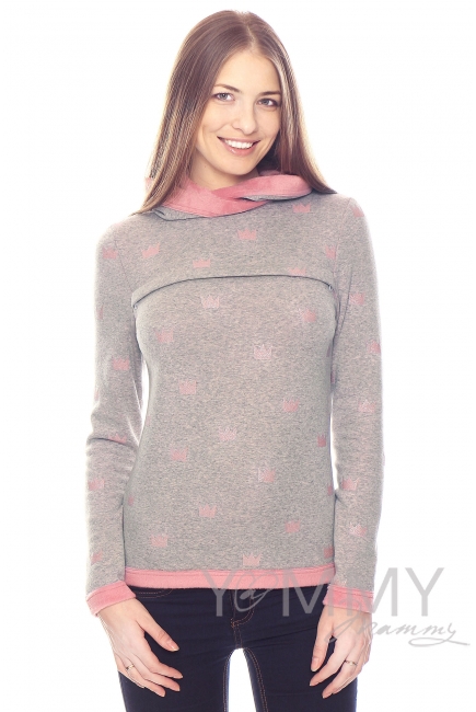 Толстовка для кормящих и беременных с капюшоном на меху, серый меланж с розовыми коронами