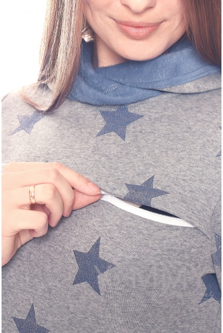 Толстовка для беременных и кормящих с капюшоном на меху, серый меланж с синими звездами
